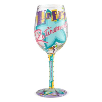Enesco 6002442 Designs by Lolita Happy, Retirement Blown Wine Glass, 15 oz., Multicolor