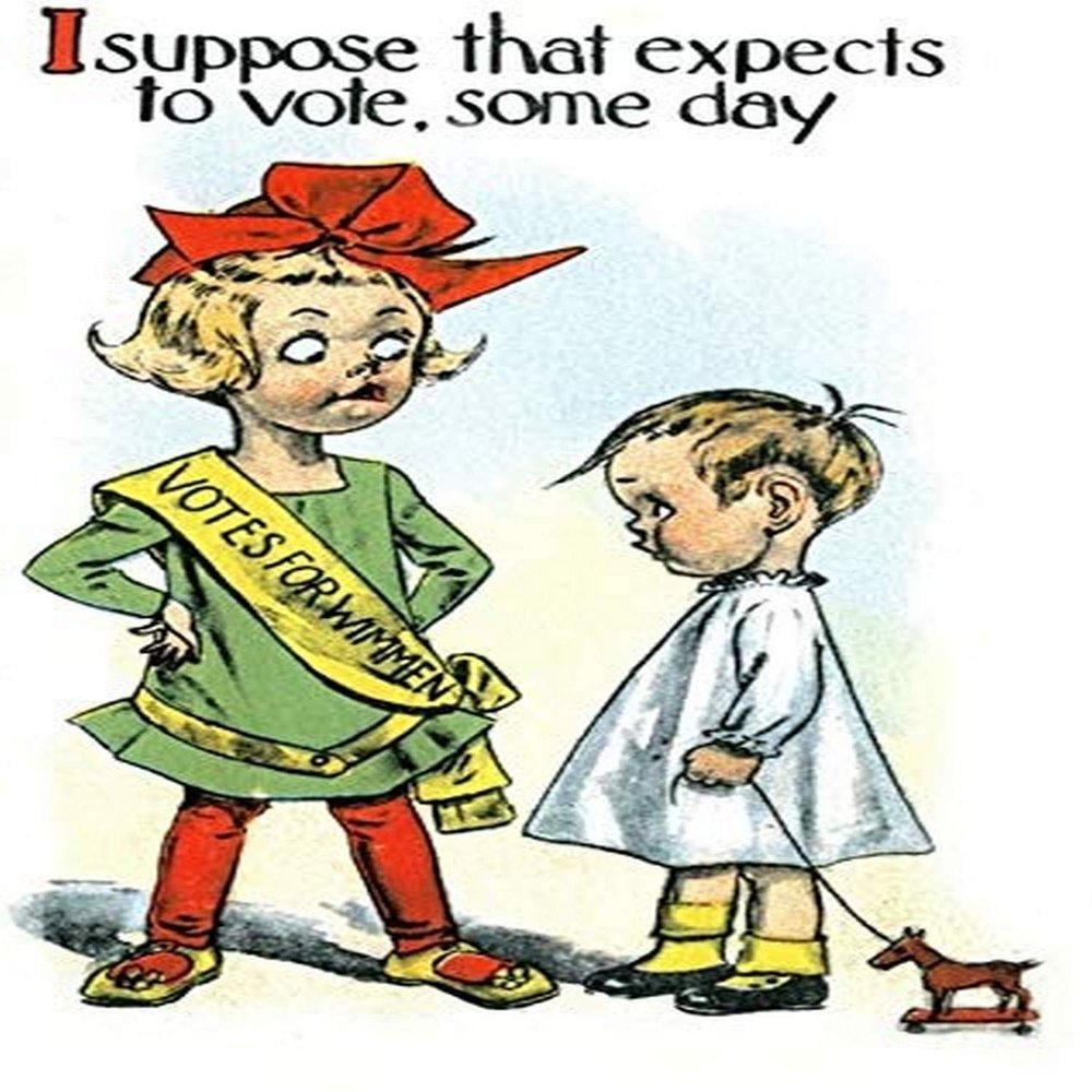 An anti-suffrage movement postcard making a humorous statement The idea that women get a vote could easily be followed by a toy horse doing the same Womens suffrage is the right of women to vote on