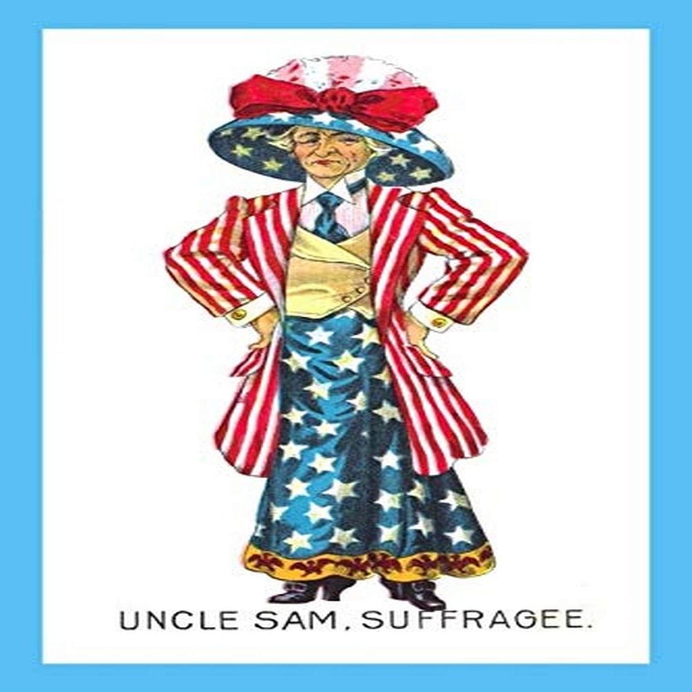 An English suffrage movement postcard showing a woman dressed in attire similar to the American flag in a Uncle Sam contrast Womens suffrage is the right of women to vote on the same terms as men Thi
