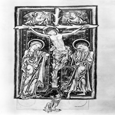 Crucifixion Of Christ Nillumination From The Psalter Executed About 1250 For An Abbot Of The Benedictine Abbey Of Evesham In Worcestershire England The Abbot Is Shown Kneeling At The Foot Of The Cross