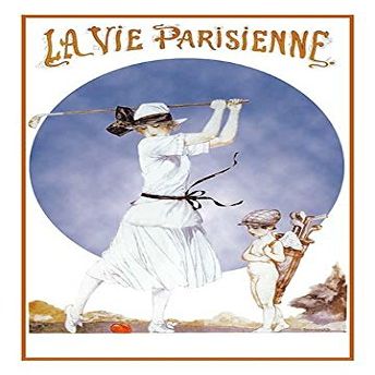 A woman takes a swing with a golf club at a heart as cupid acts as a caddy The art is from the cover of La Vie Parisienne (Parisian life) a French weekly magazine founded in Paris in 1863 and popular
