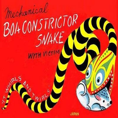 An unfortunate mouse is the victim of this toy snake which rolls around in the dance of death for its meal This graphic art is from an antique tin childrens toy Often the box art was much more enjoy