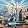 An art deco linen postcard featuring a metropolis and all the elements of modern society and its technology From trains to planes from dockyards to skyscrapers ships cars and everything imbetween Pos view 1