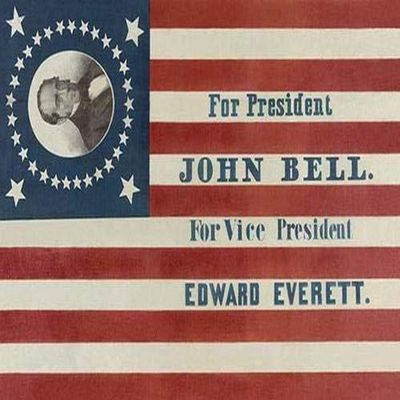 Campaign banner for Constitutional Union party presidential candidate John Bell and running mate Edward Everett The banner consists of a printed thirty-three star American flag pattern with an oval bu