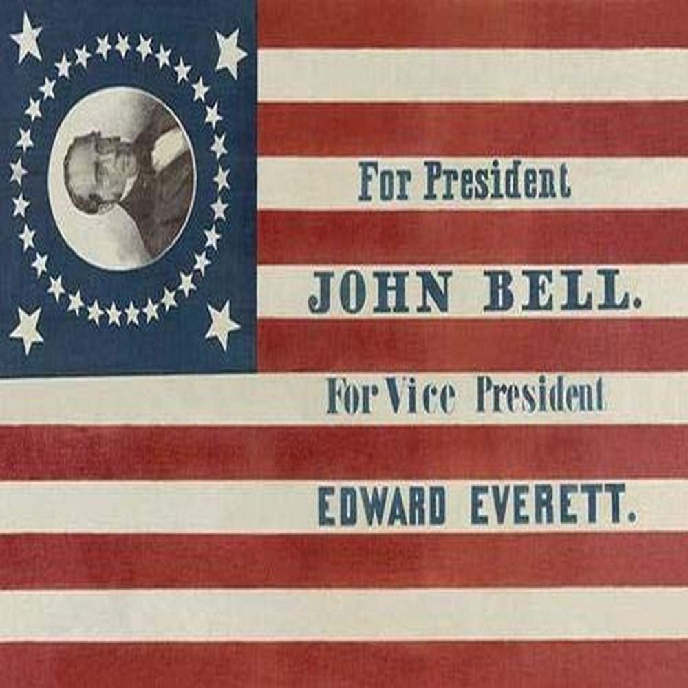 Campaign banner for Constitutional Union party presidential candidate John Bell and running mate Edward Everett The banner consists of a printed thirty-three star American flag pattern with an oval bu