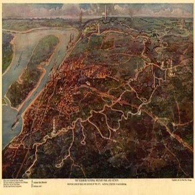 The Vicksburg National Military Park and vicinity showing lines of siege and defense of the city National cemetery in background Panoramic map in which black lines indicate the Union trenches red lin