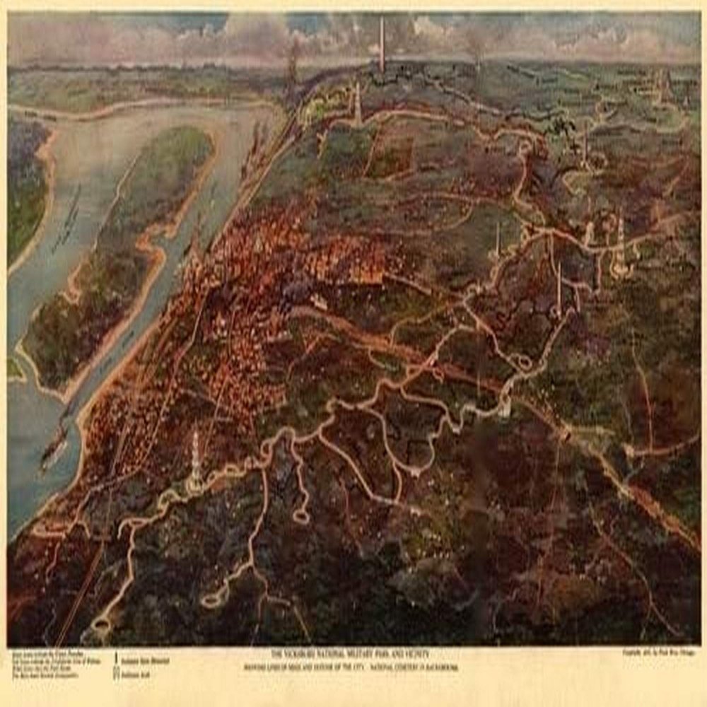 The Vicksburg National Military Park and vicinity showing lines of siege and defense of the city National cemetery in background Panoramic map in which black lines indicate the Union trenches red lin