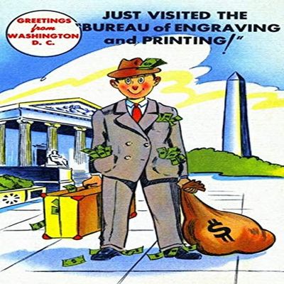 Vintage postcard from a series make to promote the city of Washington DC in 1953 The card shows a man with his valise and his pockets stuffed with cash that he liberated from the Governments Bureau o