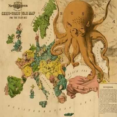 Serio-comic war map for the year 1877 with Russia as an Octopus Fascinating political caricature map by Frederick Rose of the countries of Europe known as the Octopus Map from the brooding presence of