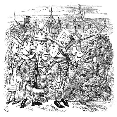 Carroll Looking Glass NThey Placed Themselves Close To Where Hatter The Other Messenger Was Standing Watching The Fight With A Cup Of Tea In One Hand And A Piece Of Bread And Butter In The Other Illus