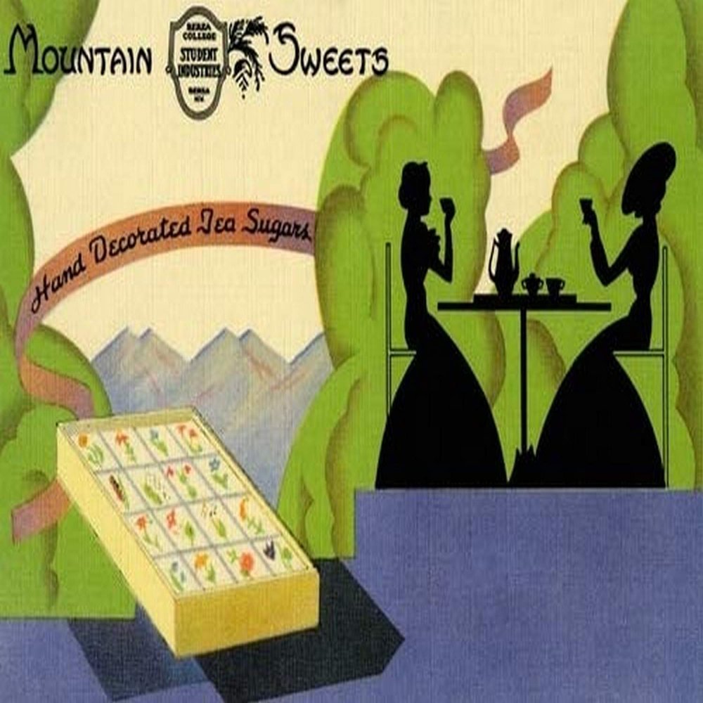 Great Art Deco advertising postcard for Berea College Student Industries Mountain Sweets Individually hand decorated sugars in a box are offered for the consumer for use with tea parties as illustrat