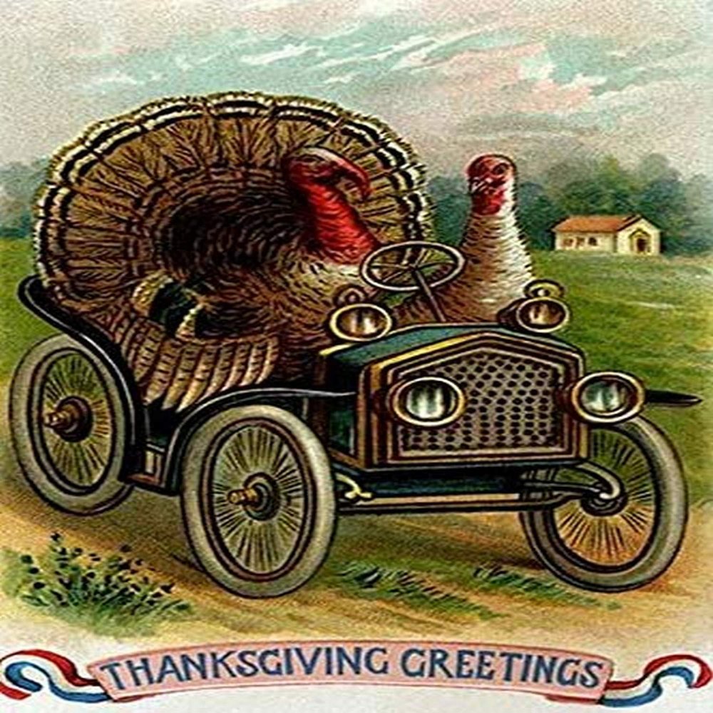 Two turkeys out for a Sunday drive unlikely It is probable that these guys know whats coming and are leaving town in their classic automobile The sender of the vintage postcard is obviously the one