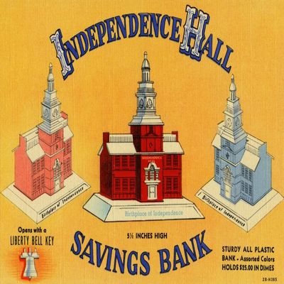 Advertising postcard for a toy saving bank in the shape of Philadelphias Independence Hall to save dimes This card was mailed to banks who would order the plastic toy and have their name impressed up