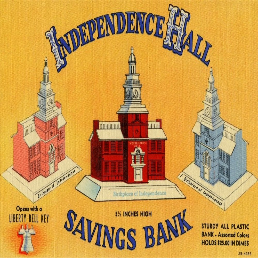 Advertising postcard for a toy saving bank in the shape of Philadelphias Independence Hall to save dimes This card was mailed to banks who would order the plastic toy and have their name impressed up