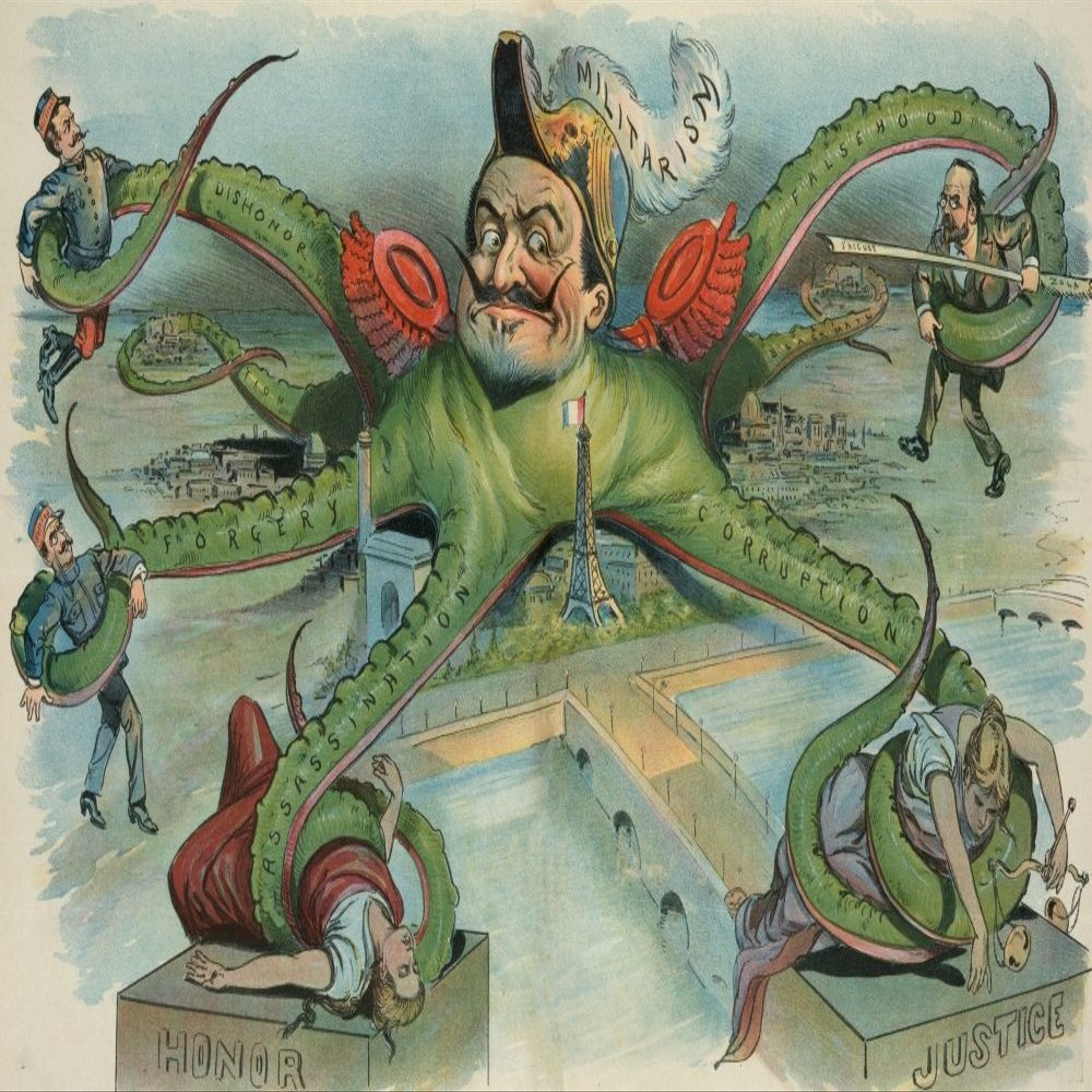 Print shows an octopus with the head of a French military officer (which may represent General Boisdeffre or General Gonse) wearing a plumed hat labeled Militarism that has settled over Paris France w