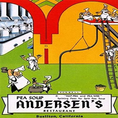A funny vintage advertising postcard from a restaurant that specialized in Pea soup The chefs are shown with a pea splitting contraption as part of the soup making process Andersens restaurant in Bu