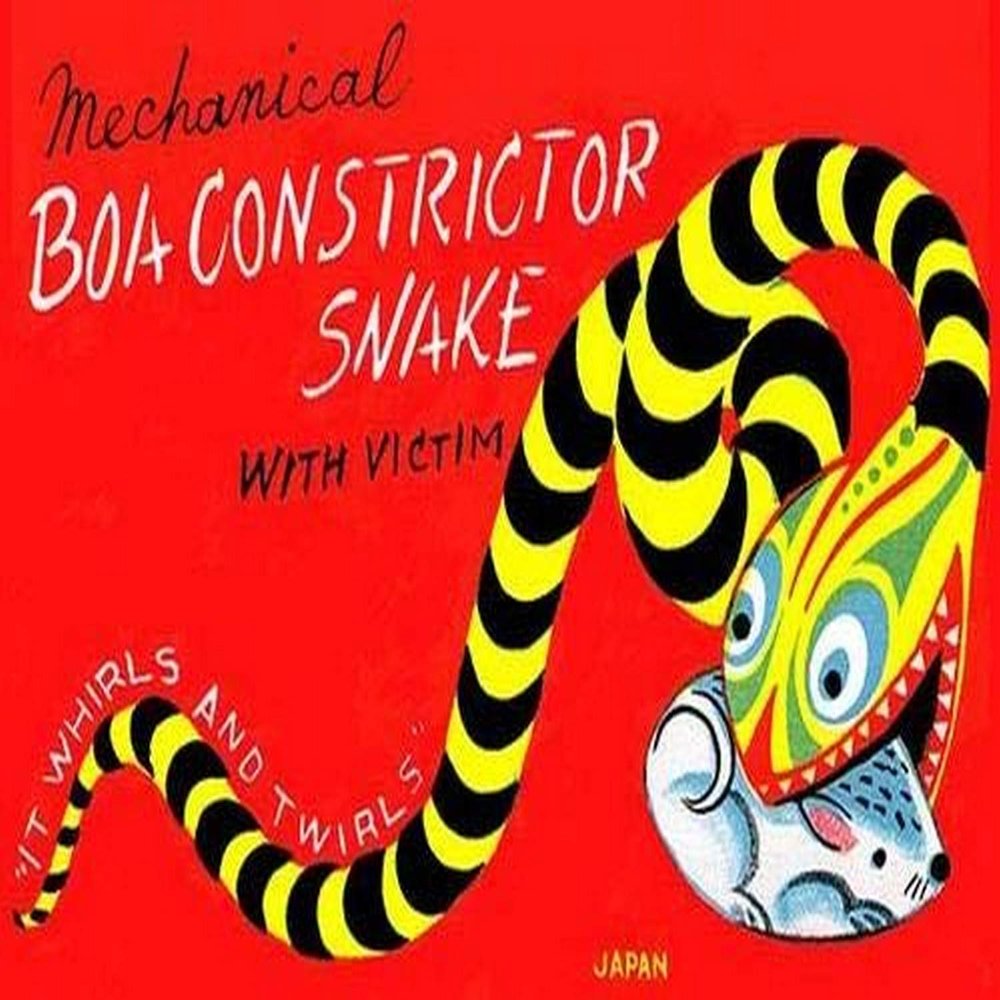 An unfortunate mouse is the victim of this toy snake which rolls around in the dance of death for its meal This graphic art is from an antique tin childrens toy Often the box art was much more enjoy