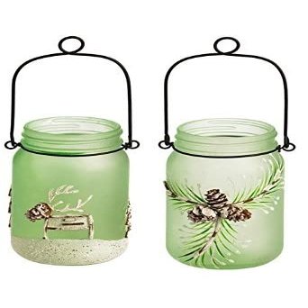 Cypress Home Glass Serene Forest Mason Jar with String Lights, Set of 2