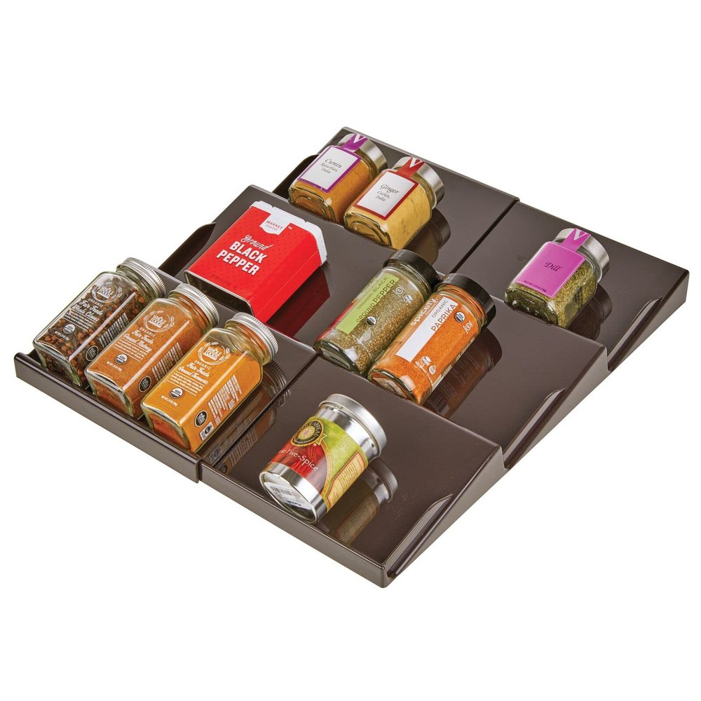 mDesign Expandable Plastic Deluxe Spice Rack, Drawer Organizer for Kitchen Cabinet Drawers, 3 Tier Slanted for Spice Jars, Food Seasoning Bottle Storage, Ligne Collection - Bronze