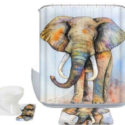 Amagical Colorful Elephant Decor 3 Piece Bath Mat Set Shower Curtain Set Bathroom Mat Contour Mat Polyester Fabric Waterproof Shower Curtain and 12 Hooks