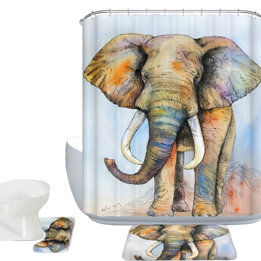 Amagical Colorful Elephant Decor 3 Piece Bath Mat Set Shower Curtain Set Bathroom Mat Contour Mat Polyester Fabric Waterproof Shower Curtain and 12 Hooks