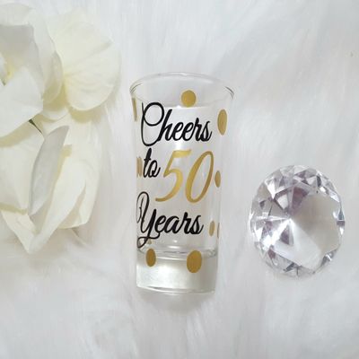 50th Birthday shot glass that is perfect as a Cheers to 50 years. A Fully custom shot glass!