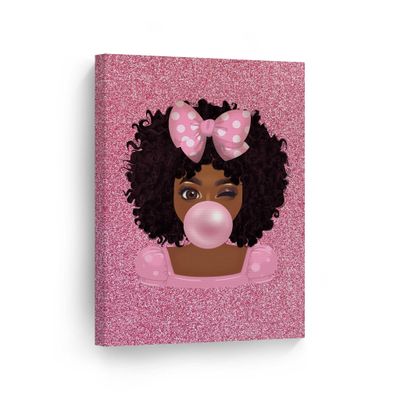 SmileArtDesign Cute African Kid Girl Pink Background Pink Bubble Gum Canvas Print Kids Room Wall Art African Art Nursery Decor Home Decor Ready to Hang -%100 Made in The USA - 36x24