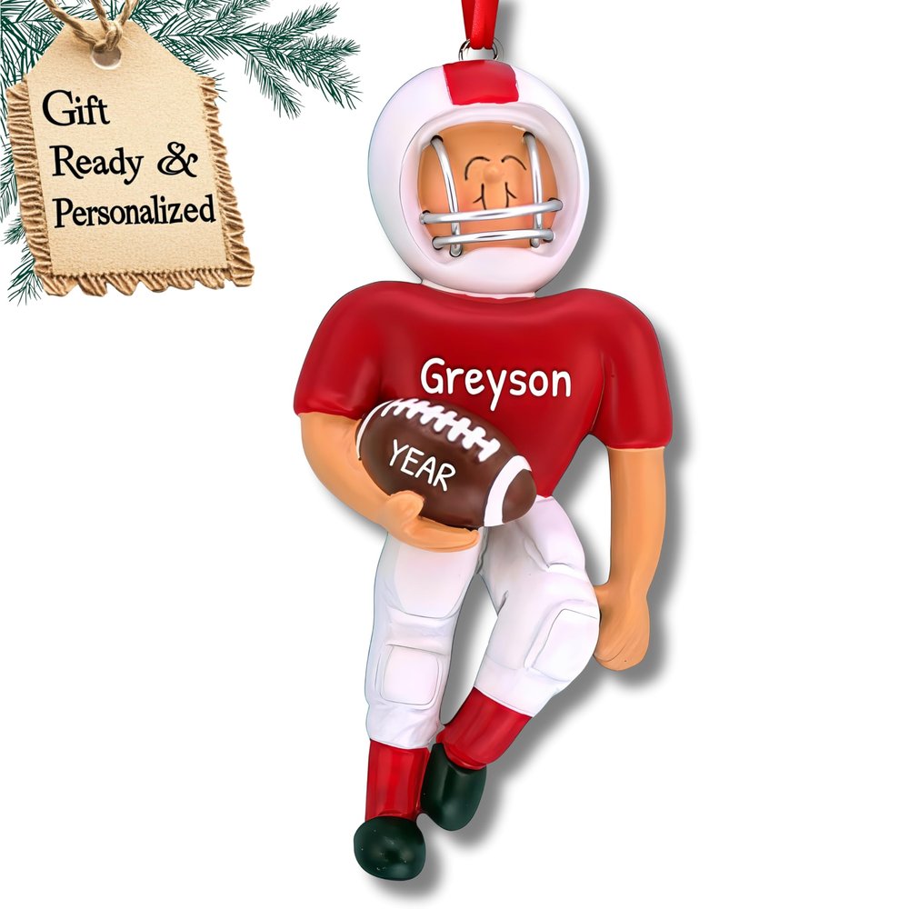 3D Football Ornaments for Christmas Tree - Personalized Christmas Ornaments for Kids Football Ornament 2025 - Unique Sports Ornament for Teens, Players, Coach & Team Male Red Jersey with Number