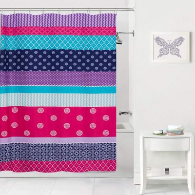 A&L 1 Piece Kids Purple Pink Mix It Up Shower Curtain 70x72 Inch, Aqua Floral Medallion Bathroom Decoration Chevron Trellis Stripes Diamond Alternate Patterns in Vibrant Colors Bath Decor, Polyester