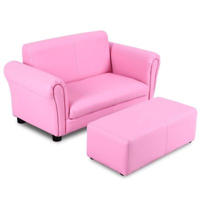 Costzon Kids Couch with Footstool, 2 in 1 Double Seat Children's Sofa w/PU Leather Surface, Armrest Chair Lounge, Soft Kids Sofa for Preschool Bedroom Kids Room Toddlers Boys Girls Birthday (Pink)
