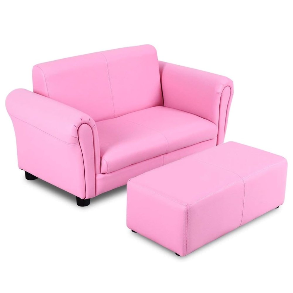 Costzon Kids Couch with Footstool, 2 in 1 Double Seat Children's Sofa w/PU Leather Surface, Armrest Chair Lounge, Soft Kids Sofa for Preschool Bedroom Kids Room Toddlers Boys Girls Birthday (Pink)
