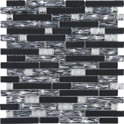 TDSSG-08 Black Grey Foil Glass with White Crystal and Black Glass Mosaic Tile Sheet-Kitchen and Bath backsplash Wall Tile (1 Sheet)