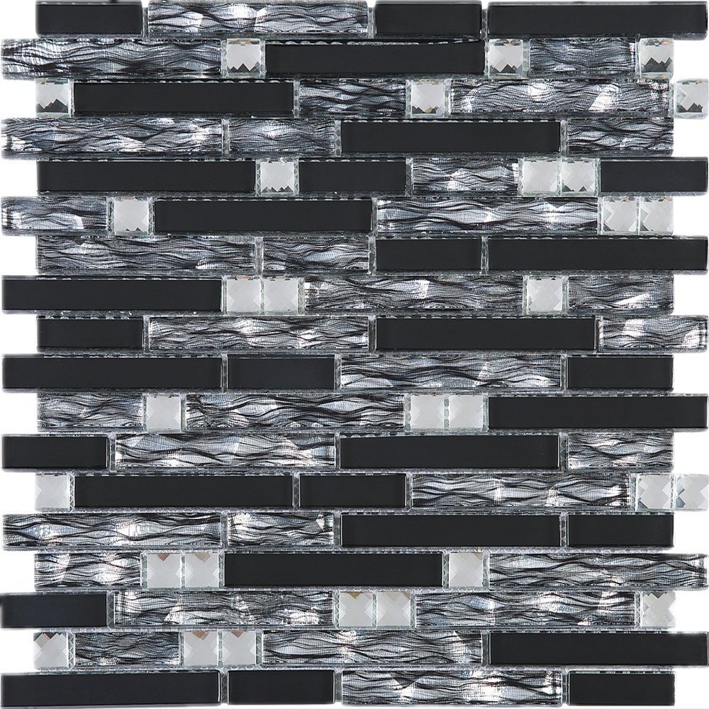 TDSSG-08 Black Grey Foil Glass with White Crystal and Black Glass Mosaic Tile Sheet-Kitchen and Bath backsplash Wall Tile (1 Sheet)