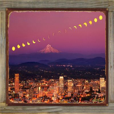2017 Great Solar Eclipse Over Portland, Oregon Rustic Metal Print on Reclaimed Barn Wood from Photograph by Steve Terrill 17" x 23"