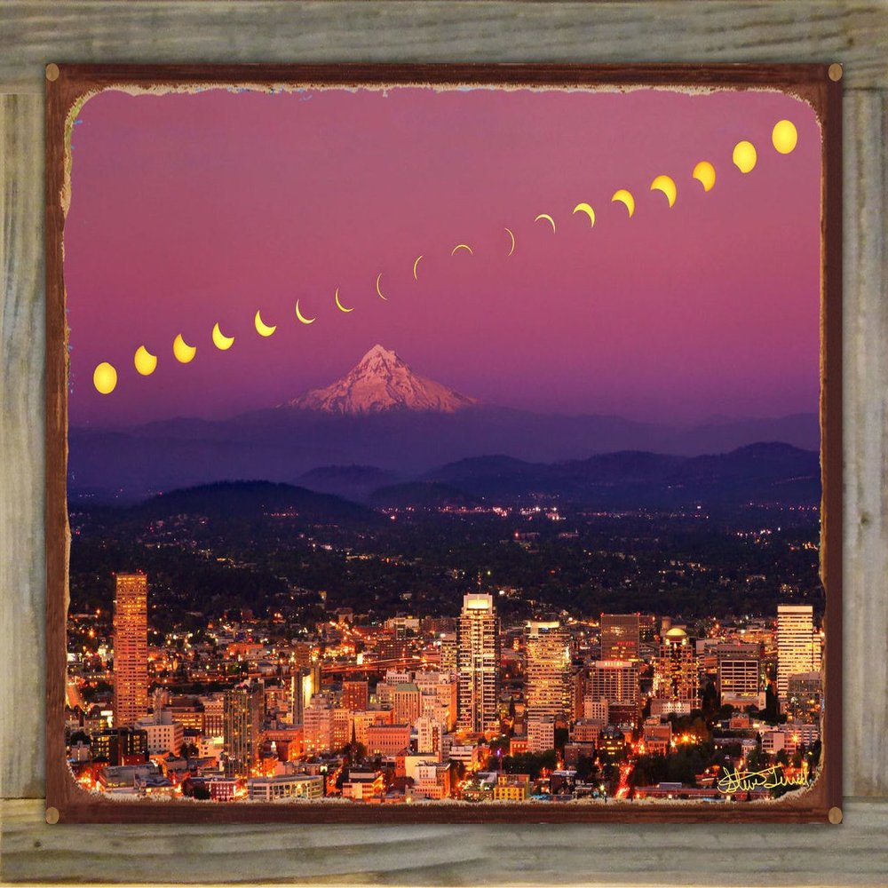 2017 Great Solar Eclipse Over Portland, Oregon Rustic Metal Print on Reclaimed Barn Wood from Photograph by Steve Terrill 17" x 23"