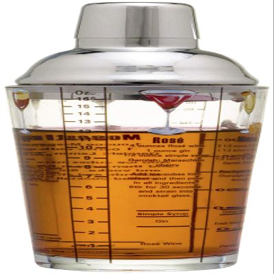 14 oz Recipe Glass Cocktail Shaker With Jigger & Strainer Top - Includes 6 Cocktail Drink Recipes (Wine Theme)