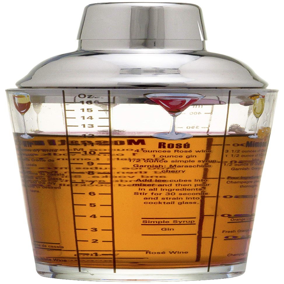 14 oz Recipe Glass Cocktail Shaker With Jigger & Strainer Top - Includes 6 Cocktail Drink Recipes (Wine Theme)