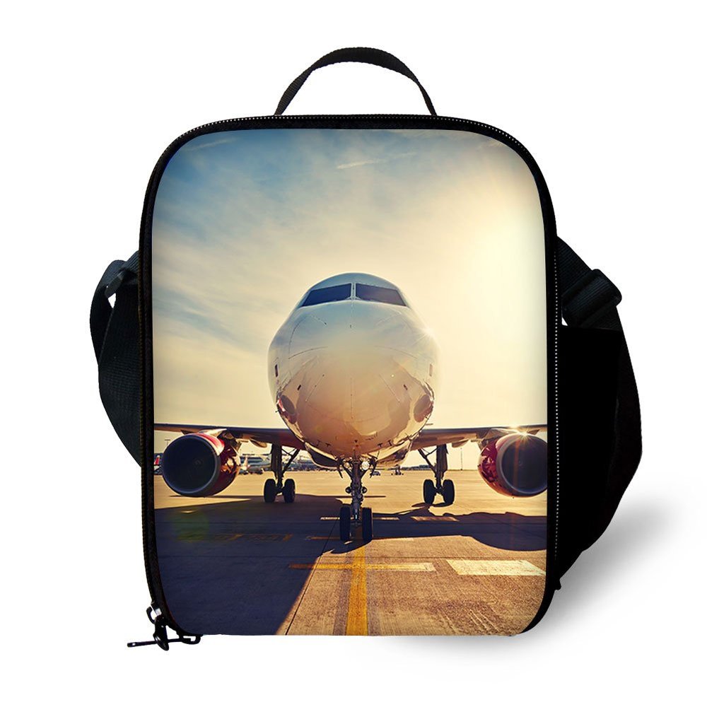 ANYFOCUS 3D Airplane Print Kids Lunch Bag Durable Insulated Lunchbox Small Black Lunch Box for Children Boys Girls Customized Cooler Bag with Adjustable Shoulder Strap