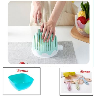 Salad Cutter Bowl Food Grade ABS Plastic Vegetable and Fruit Chopper Bowl with Bonus A Fruit Plate and A Vegetable Peeler Blue