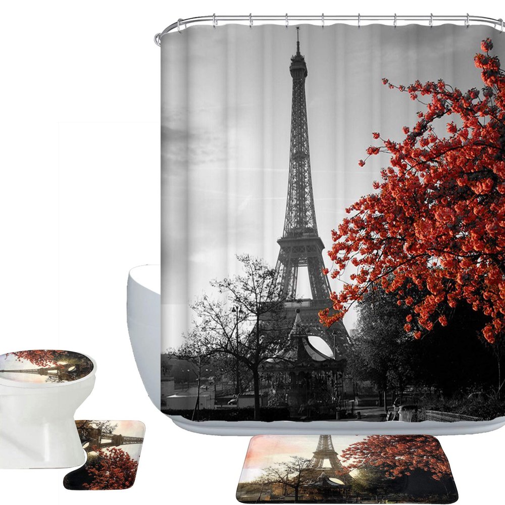 Amagical Grey Eiffel Paris Tower 16 Piece Bathroom Mat Set Shower Curtain Cityscape Red Flower Pattern Bath Mat Contour Mat and Toilet Cover Shower Curtain with 12 Hooks