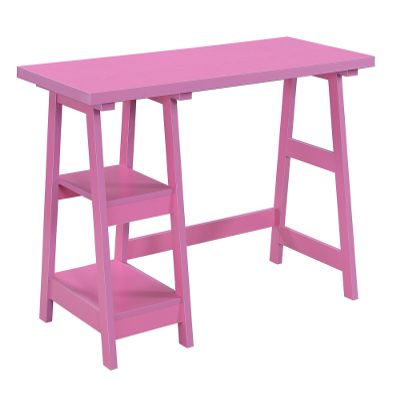 Convenience Concepts Designs2Go Trestle Desk 47" - Modern Desk or Vanity with Shelves, for Office, Dorm, Living Room, Pink