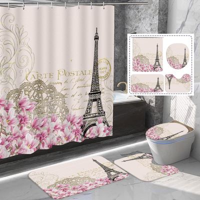 Amagical 4PCS Paris Eiffel Tower with Pink Flowers Shower Curtain Set with Bathroom Mat Set, Vintage Soft Bathroom Decor Bath Mat Contour Mat Toilet Cover Fabric Shower Curtian 12 Hook