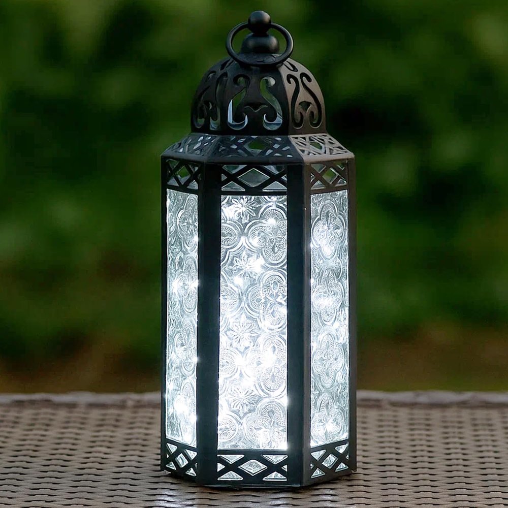 10.5 Clear Glass Metal Moroccan Decorative Candle Lantern with White LED Twinkle Fairy Lights & Remote Wedding Table Centerpieces, Indoor Home Decor, Outdoor Patio & Porch, Medium