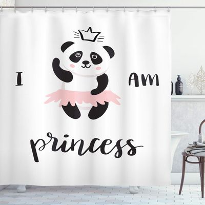 Ambesonne Cartoon Shower Curtain, Funny Ballerina Panda Bear Dancing in Pink Skirt Girls, Cloth Fabric Bathroom Decor Set with Hooks, 69" W x 70" L, White Black Rose