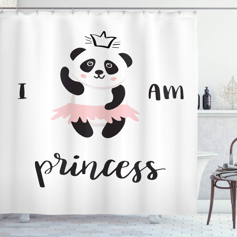 Ambesonne Cartoon Shower Curtain, Funny Ballerina Panda Bear Dancing in Pink Skirt Girls, Cloth Fabric Bathroom Decor Set with Hooks, 69" W x 70" L, White Black Rose