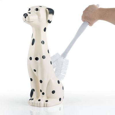 Allure Home Creation Dalmatian Dog White & Black 2-Piece Ceramic Toilet Brush Holder w/White Plastic Handled Scrub Brush, 9.4 x 5.3 x 16.7