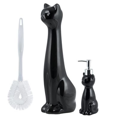Allure Home Creation Cat 3-Piece Black Ceramic Toilet Brush Holder with White Plastic Brush and Soap Dispenser Set-Black