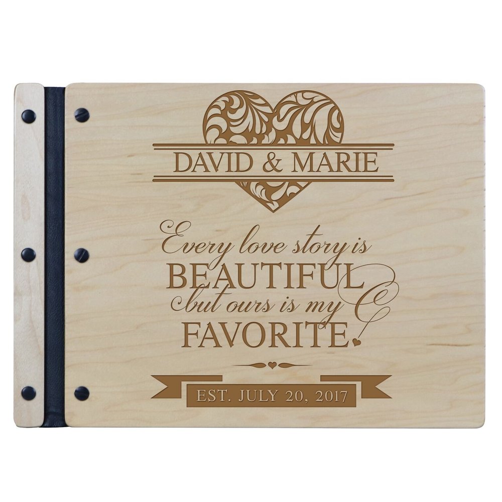 LifeSong Milestones Personalized Mr and Mrs. Wedding Anniversary Guest Book Registry for Bride and Groom Newlywed Couple Custom Engraved Cherry Wood 13.5" x10 (Every Love Story)
