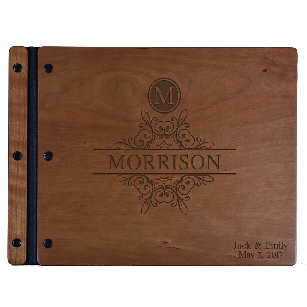 LifeSong Milestones Personalized Mr and Mrs. Wedding Anniversary Guest Book Registry for Bride and Groom Newlywed Couple Custom Engraved Cherry Wood 13.5" x10 (Monogram)
