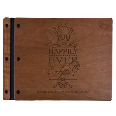 LifeSong Milestones Personalized Mr and Mrs. Wedding Anniversary Guest Book Registry for Bride and Groom Newlywed Couple Custom Engraved Cherry Wood 13.5" x10 (Happily Ever After)
